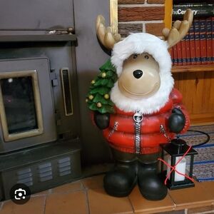 27" Festive Moose Figurine with Red Jacket and Christmas Tree